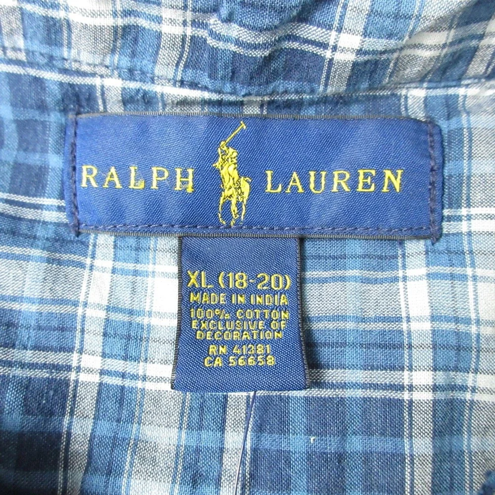 Ralph Lauren Button Down Shirt Blue Plaid Short‎ Sleeve Boys XL (18-20)